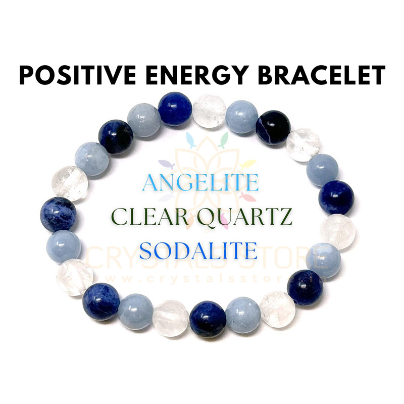 Positive Energy Bracelet: Clear Quartz, Angelite, & Sodalite 8 mm Round  Relaxation and Serenity Crystals (Gemstone Bracelet, Gift)